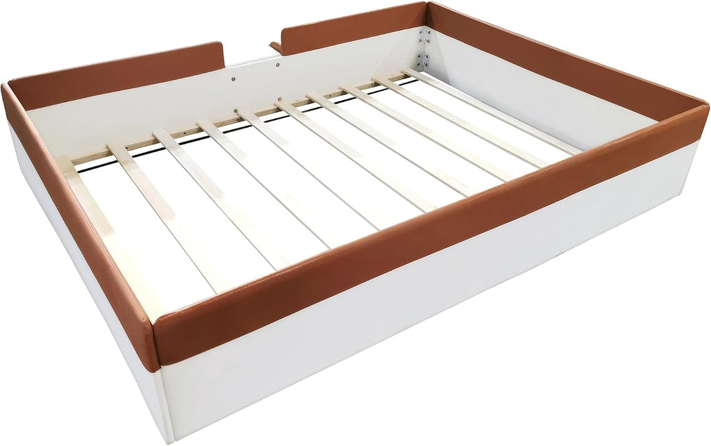 Queen Size Montessori Floor Bed with Stairs, PU Upholstered Montessori Bed Frame with Slats and Fence, Easy Assemble