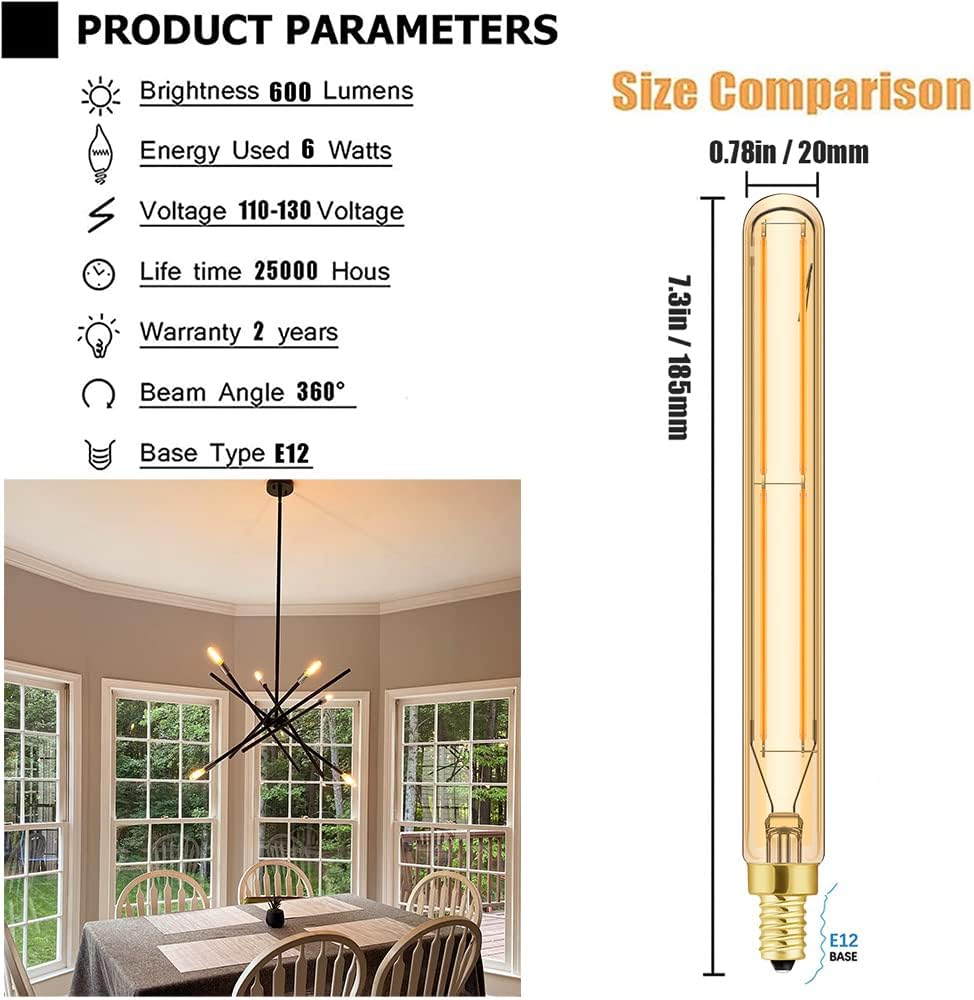 E12 LED Long Bulbs, 7.3Inch Edison Light Bulbs Amber Warm White 2500K