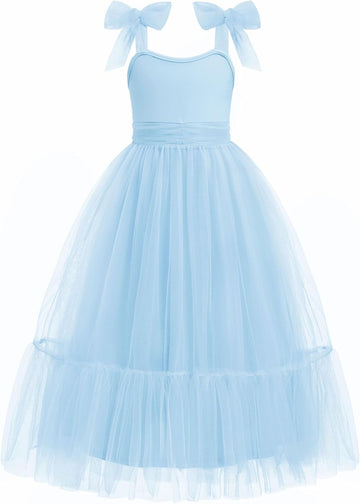 Girls Summer Sleeveless Bow-Tie Straps Party Long Tulle Dresses