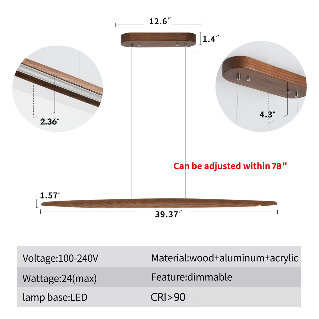 39" Wood Linear Pendant Light LED Dimmable Hanging Light Dinning Room Light Fixture Island Lights 24w Kitchen Island