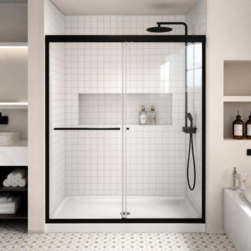 Semi-Frameless Sliding Shower Door 56-60" W x 72" H, 6mm SGCC Tempered Glass Matte Black Hardware