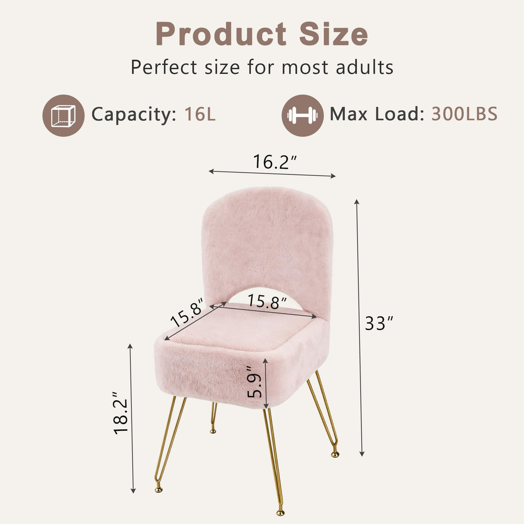 Vanity Stool Chair with Storage and Folding Back, 4 Metal Legs with Anti-Slip Feet, 15.8" x 15.8" x 33" Square