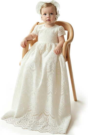 Baby Girls Christening Baptism Dress White Lace Gown with Bonnet