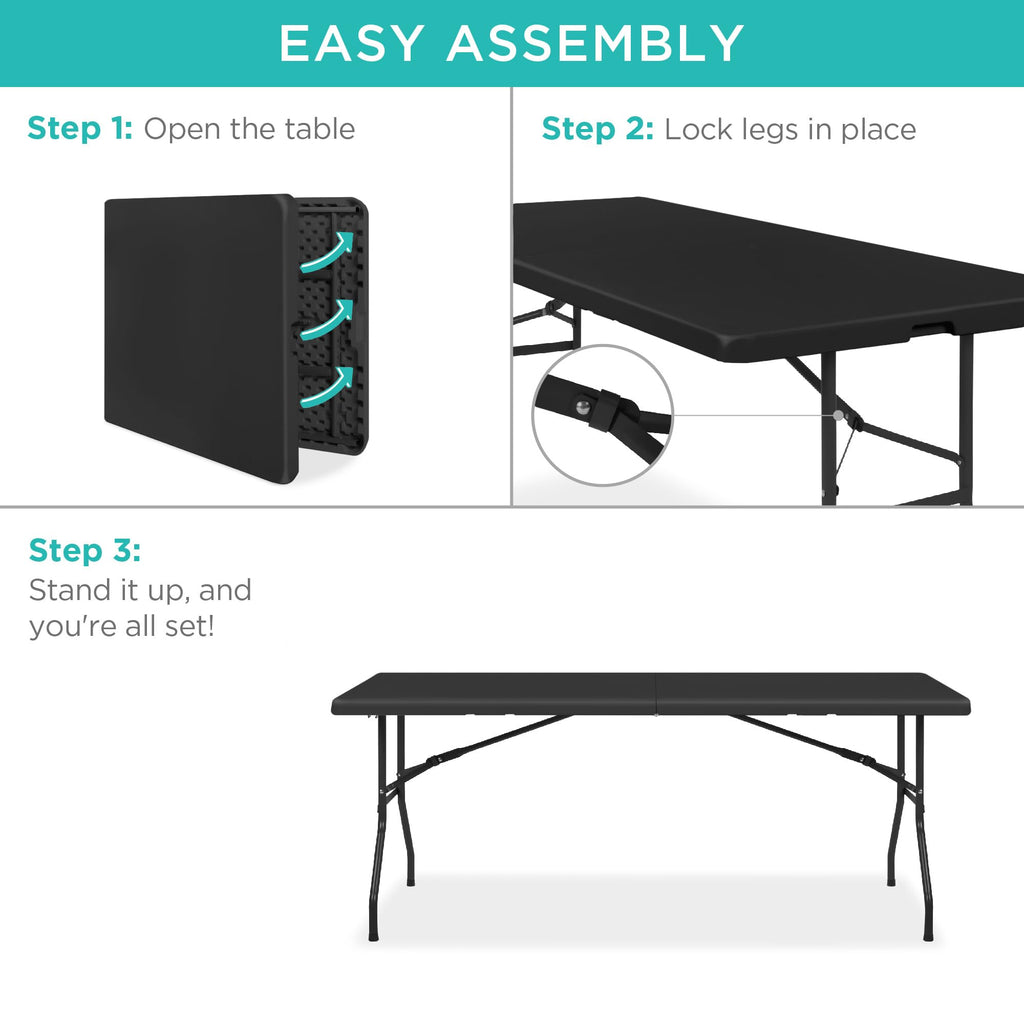 6ft Plastic Folding Table, Indoor Outdoor Heavy Duty Portable w/Handle, Lock for Picnic, Party, Camping - Black