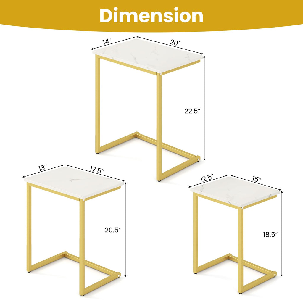 Nesting Coffee Tables Set of 3, Rectangular Nesting Center with Faux Marble Top & Metal Frame, Modern C-Shaped Nested