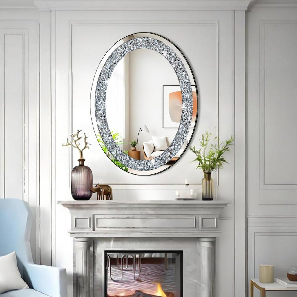 Crystal Crushed Diamond Oval Shaped Silver Mirror Glam Bling for Wall Decoration 24x32x0.9inch Frameless Wall Hang