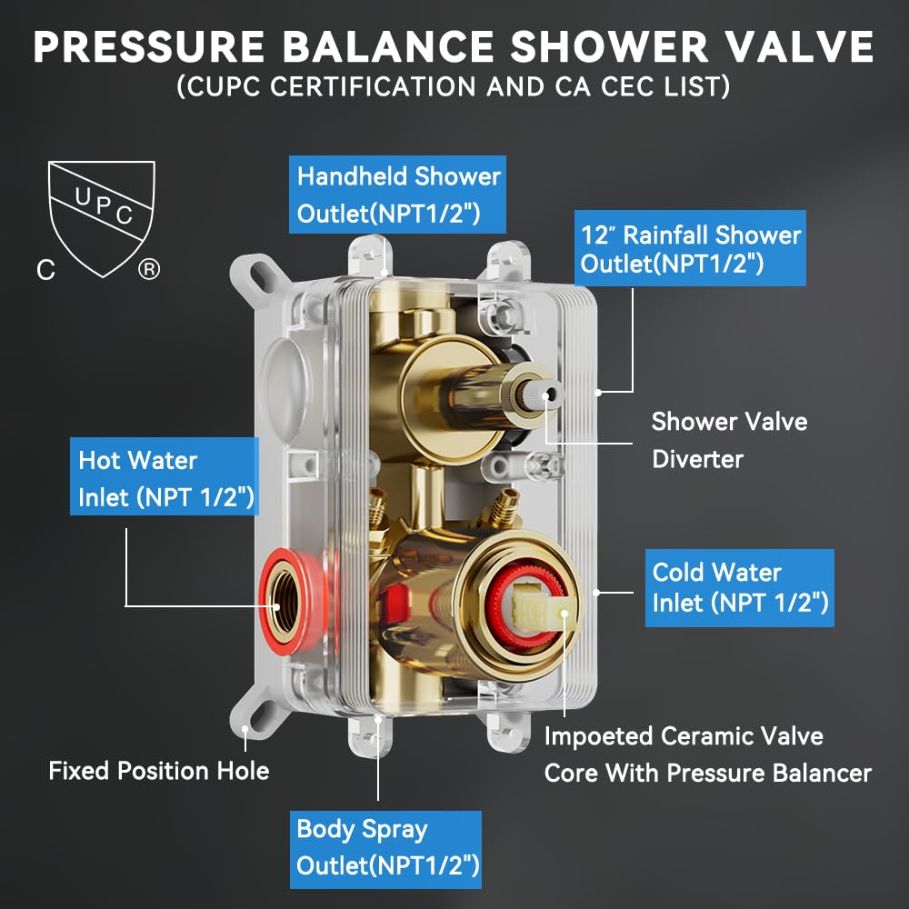 Brushed Gold Shower System with Body Jets, 12 Inch Rainfall Shower System and 2 in 1 Handheld Spray Shower Jets