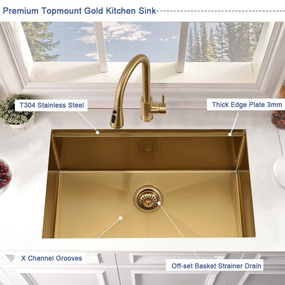 25x19 Gold Undermount Kitchen Sink Workstation 16 Gauge Stainless