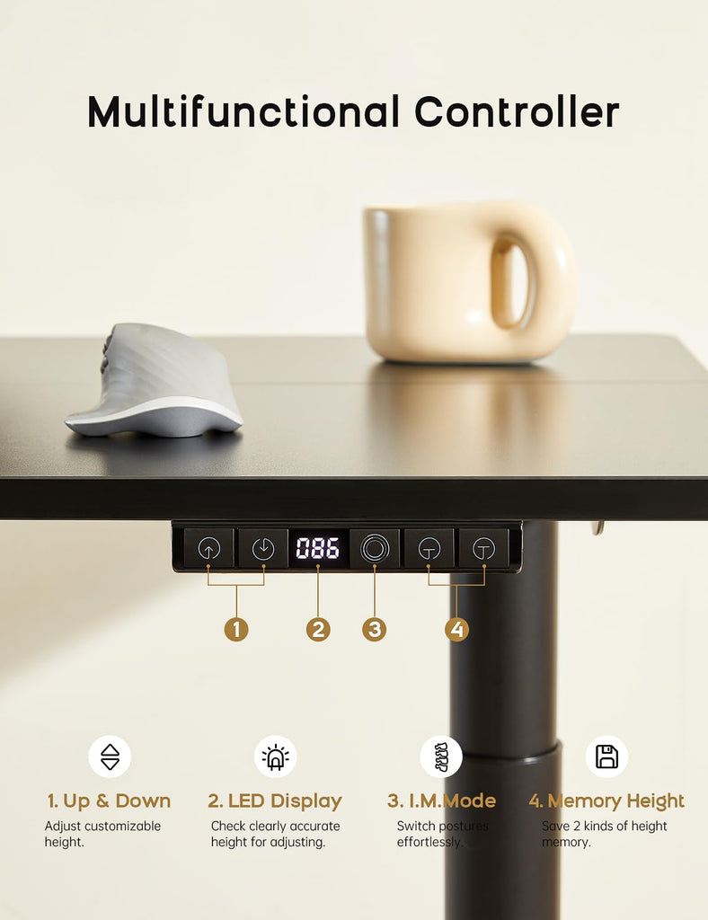 Electric Standing Desk, Height Adjustable Desk with Round Tube Legs, 48 x 24 Inches Memory Sit Stand up Desk, Home