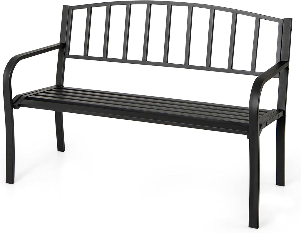 Metal Outdoor Bench, Patio Garden Bench with Backrest, Curved Armrests, Slatted Seat for 2-3 Persons, 660 LBS