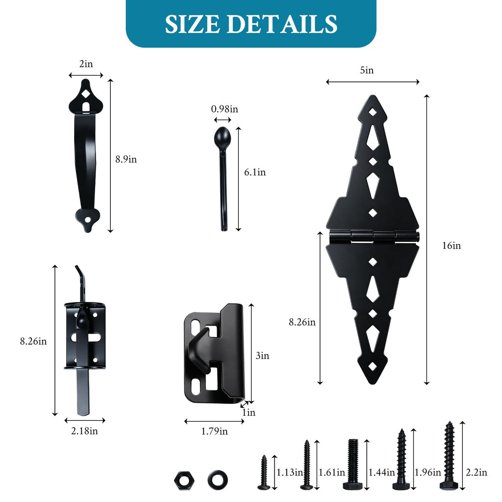 8 Inch Gate Hinge and Thumb Latch Set, Heavy Duty Strap Fence Hinges Hardware Kit, Rustproof Matte Black Steel for