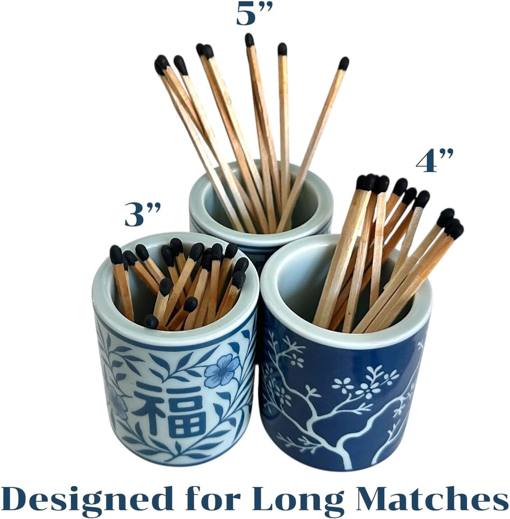 Chinoiserie Long Match Holder with Striker - Tall Design for 3", 4", 5" Matches - Rare Vintage Style Soft Blue