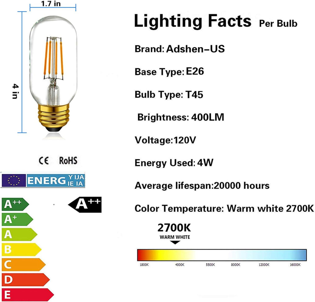 T14 / T45 LED Tubular Bulb 4W 2700K Warm White,E26 Dimmable Vintage Bulb,40W Equivalent 400 Lumens, Antique Edison