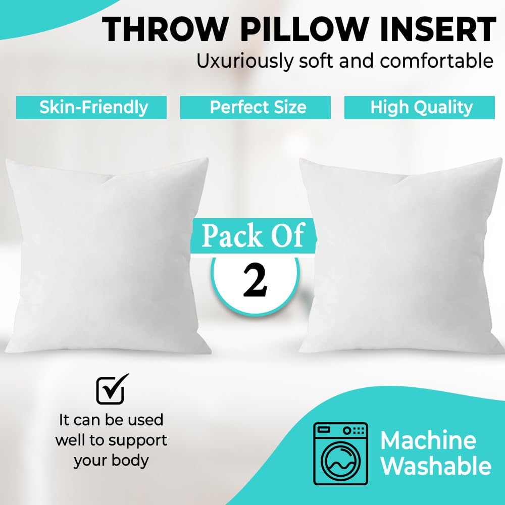 18 x 18 Throw Pillow Insert White, Down Alternative Pillow Inserts for Decorative Pillow Covers, Throw - Set of 2