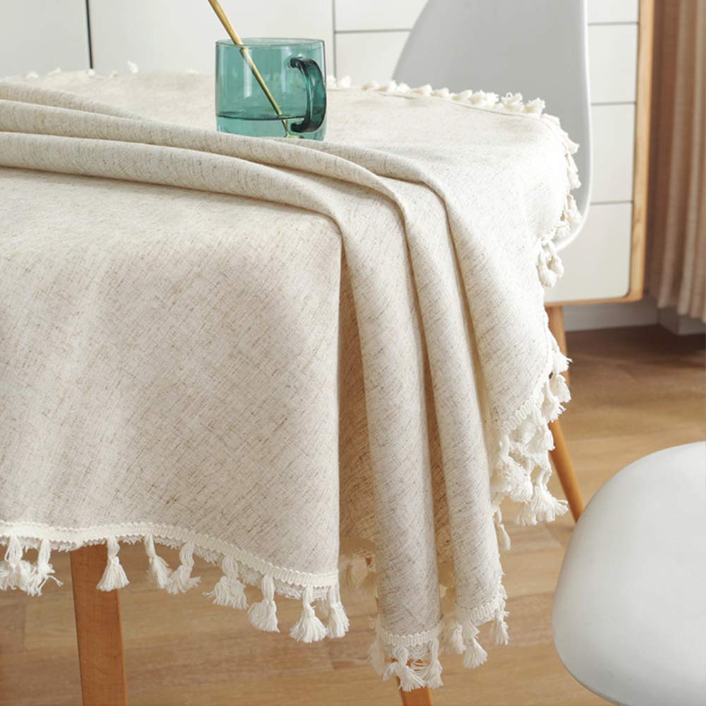 Linen Round Tablecloth, Fabric Circle Table Cloth with Tassels, Washable Wrinkle Free Table Cover Boho Farmhouse