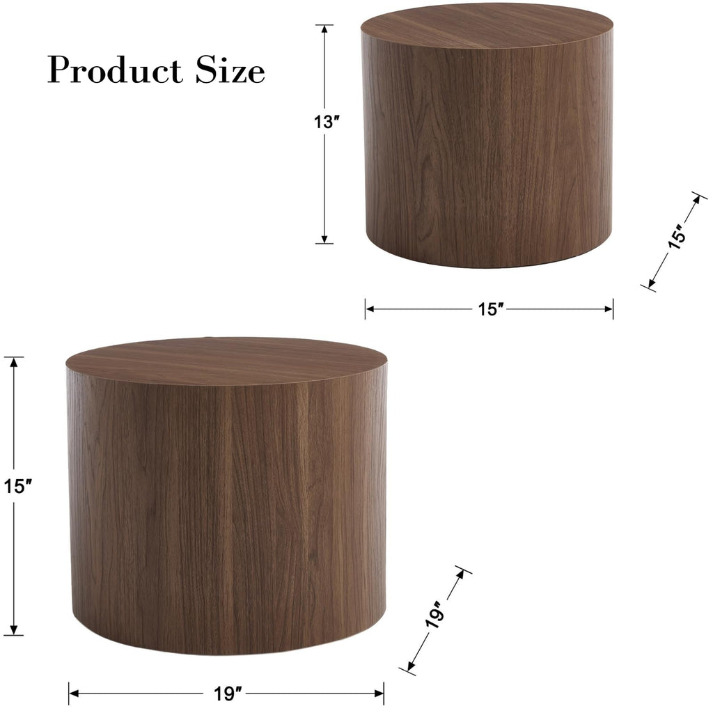 Round Coffee Tables Side Set of 2, Wood Nesting End Balcony Office, Walnut Wooden Color, No Assembling