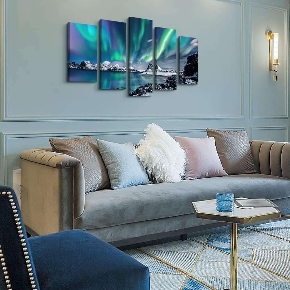 Large Canvas Wall Art Set - Blue Aurora Scenery Paintings - Modern Canvas Art Prints Ready to Hang - 5 Piece Set