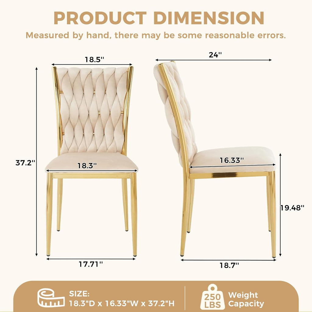 Velvet Dining Chairs Set of 4, Modern Woven Kitchen Chairs with Gold Metal Legs, Upholstered Cushion with High Back