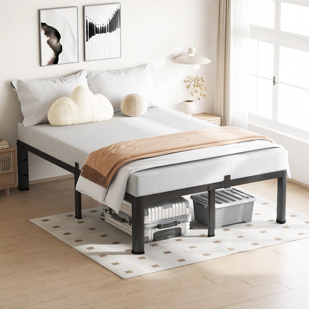18 Inch Full Bed Frame, 3500Lbs Heavy Duty Metal Platform with Round Corner Legs Mattress Slide Stopper