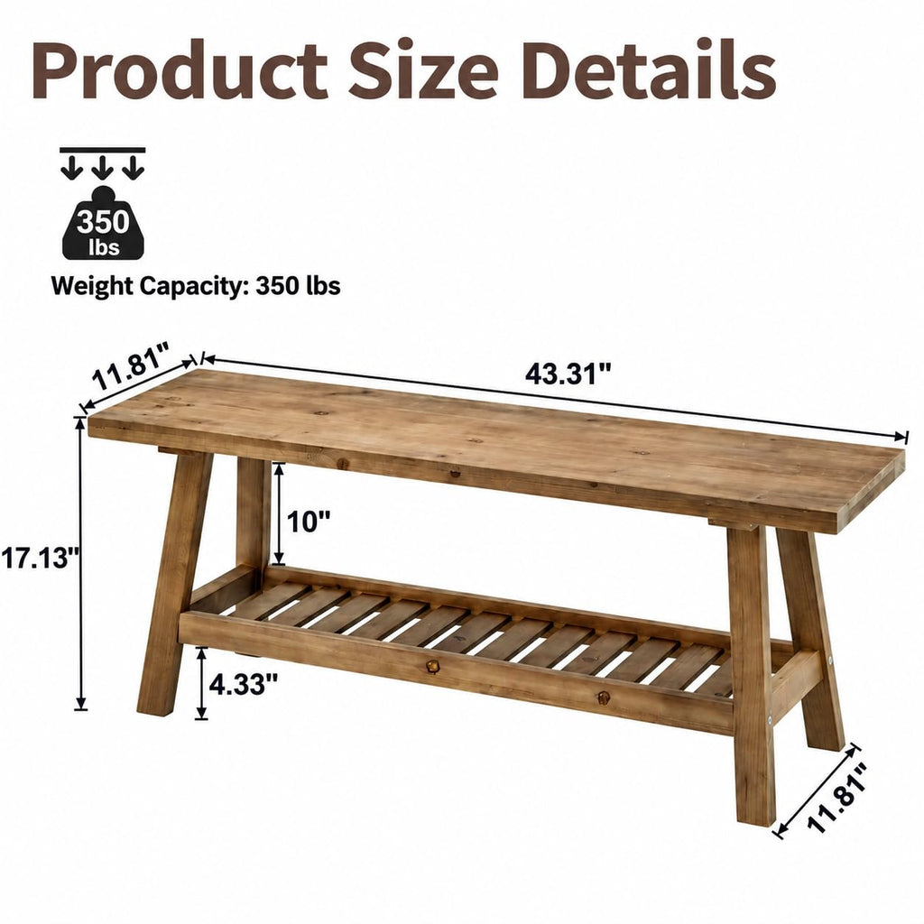 Reclaimed Entryway Bench Solid Wood Bench with Storage Shelf 43.3"