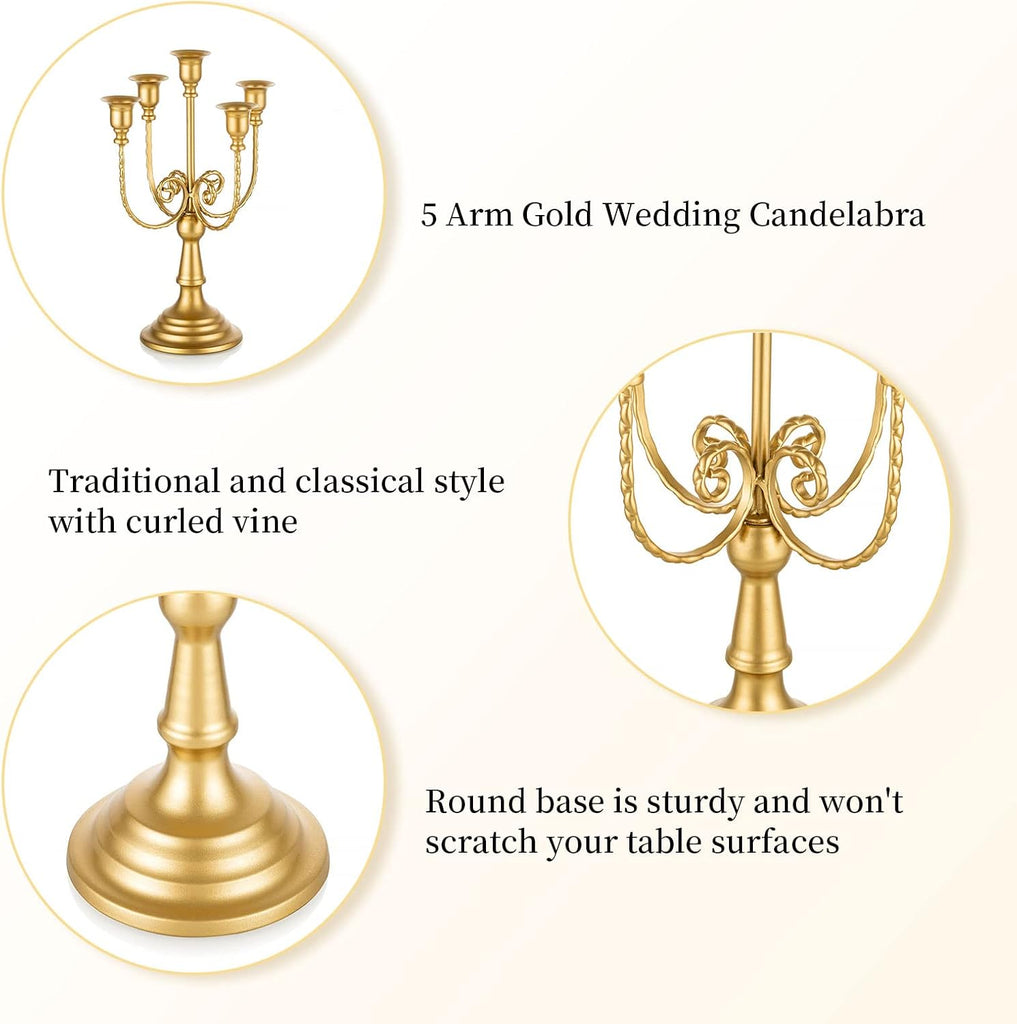 Candelabra Gold Candle Holders - 5 Arm 11.8" Wedding Candlestick Holder for Theme Party Table Centrepiece Decor
