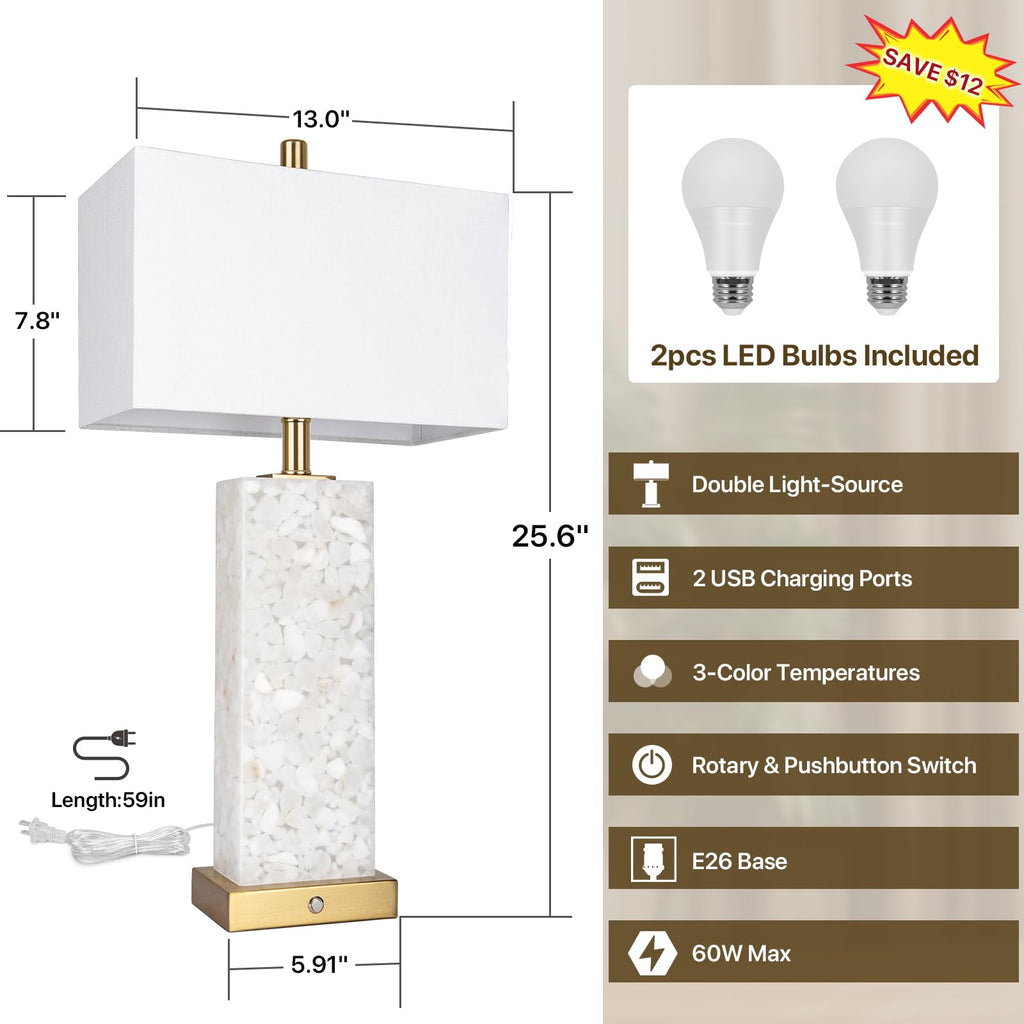 25.6" Alabaster Lamps, Marble Lamp Nightstand Lamps Set of 2