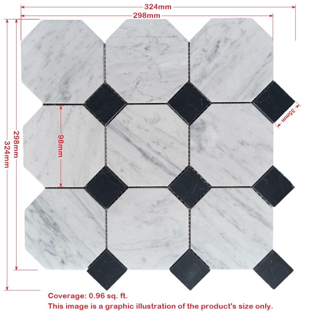 Carrara White Marble 4 inch Octagon Mosaic Tile w/Nero Marquina Black Dots Honed Kitchen Bath Wall Floor Backsplash