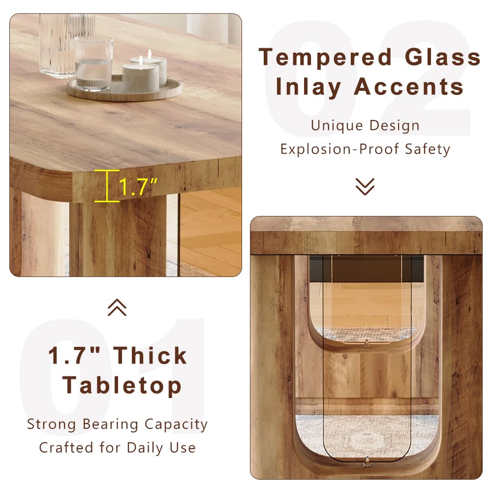 64.5" Dining Room Table Set for 6, Farmhouse Wood Kitchen Table with Decorative Pedestal Legs & 6 Tufted Velvet