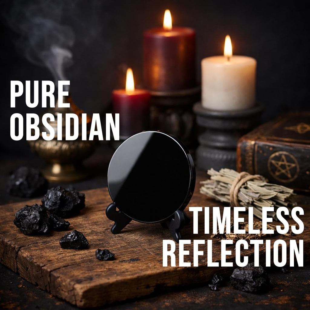 Natural Black Obsidian Scrying Mirror with Stand 5.90 in - Healing Crystals for Witchcraft, Divination, Meditation