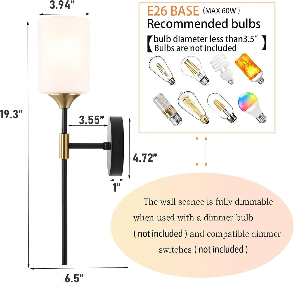 Industrial Mid Century Wall Sconce Set of 2 with White Cylinder Glass Shades Modern Bathroom Vanity Wall Lamp Black