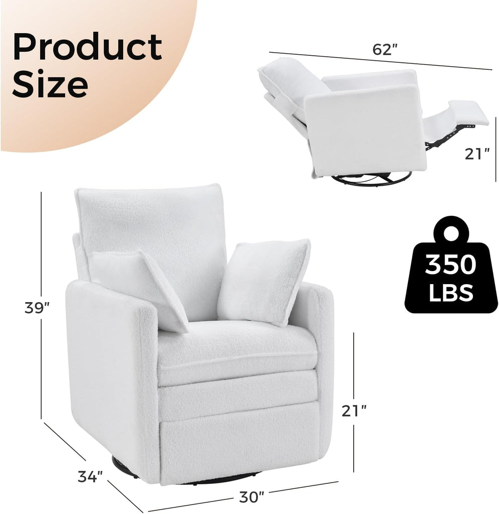 Swivel Rocker Recliner Chair, Teddy Upholstered Nursery Glider Chair, Manual Reclining Chair with Two Removable