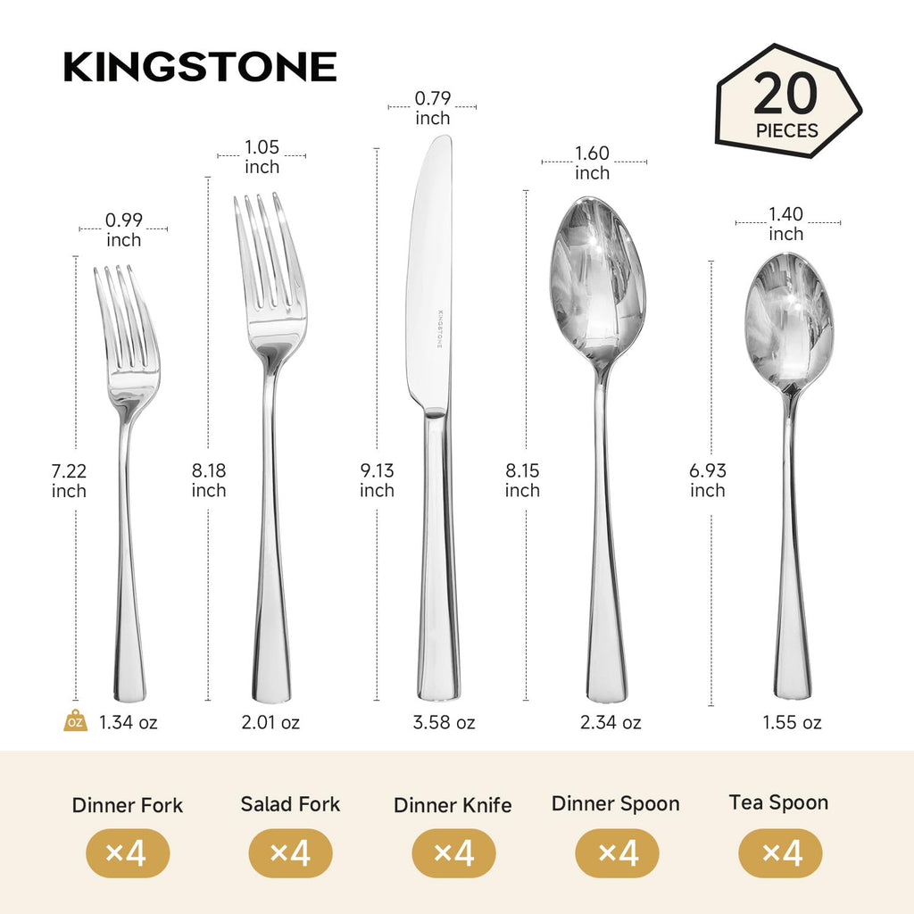 18/10 Stainless Steel Flatware, 20-Piece Forged Silverware Set for 4, Mirror Polished Cutlery Set Dishwaher Safe