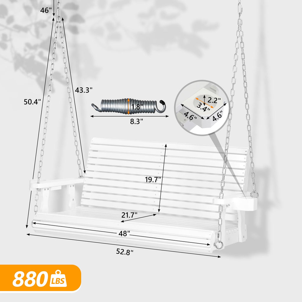 XL 4 FT Pro Wooden Porch Swing with Cup Holders, 880 LBS, White