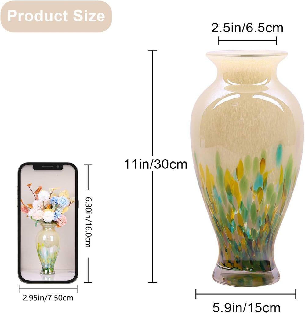 Hand Blown Glass Vase 11.8" Tall Beautiful Green Sea Wide Mouth Bud Vase for Table Centerpiece, Painted Colorful