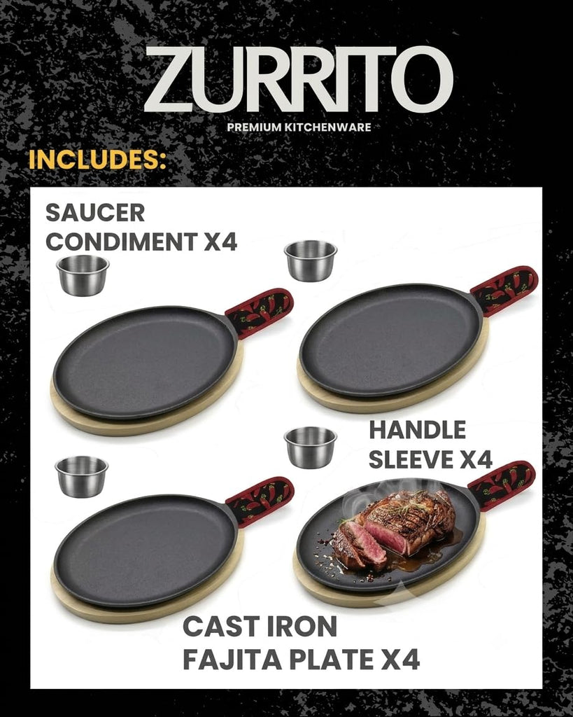 4x Fajita Skillet with Saucers, Cast Iron Hot Plate, Fajita Kit, Sizzling Plate with Wooden Base, Fajita Skillet Set