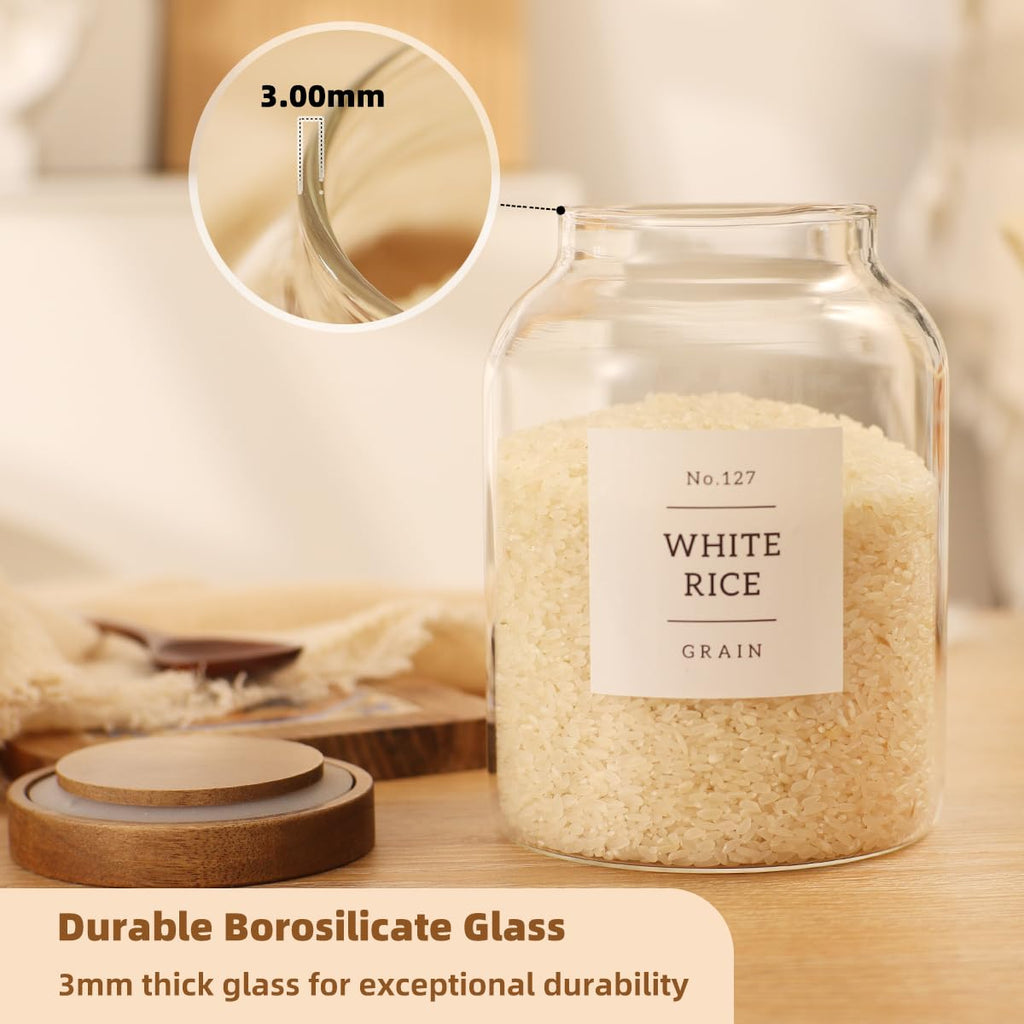 2 Pack Glass Food Storage Containers with Airtight Acacia Wood Lids and 132 Kitchen Pantey Labels Preprint - 43 LF OZ