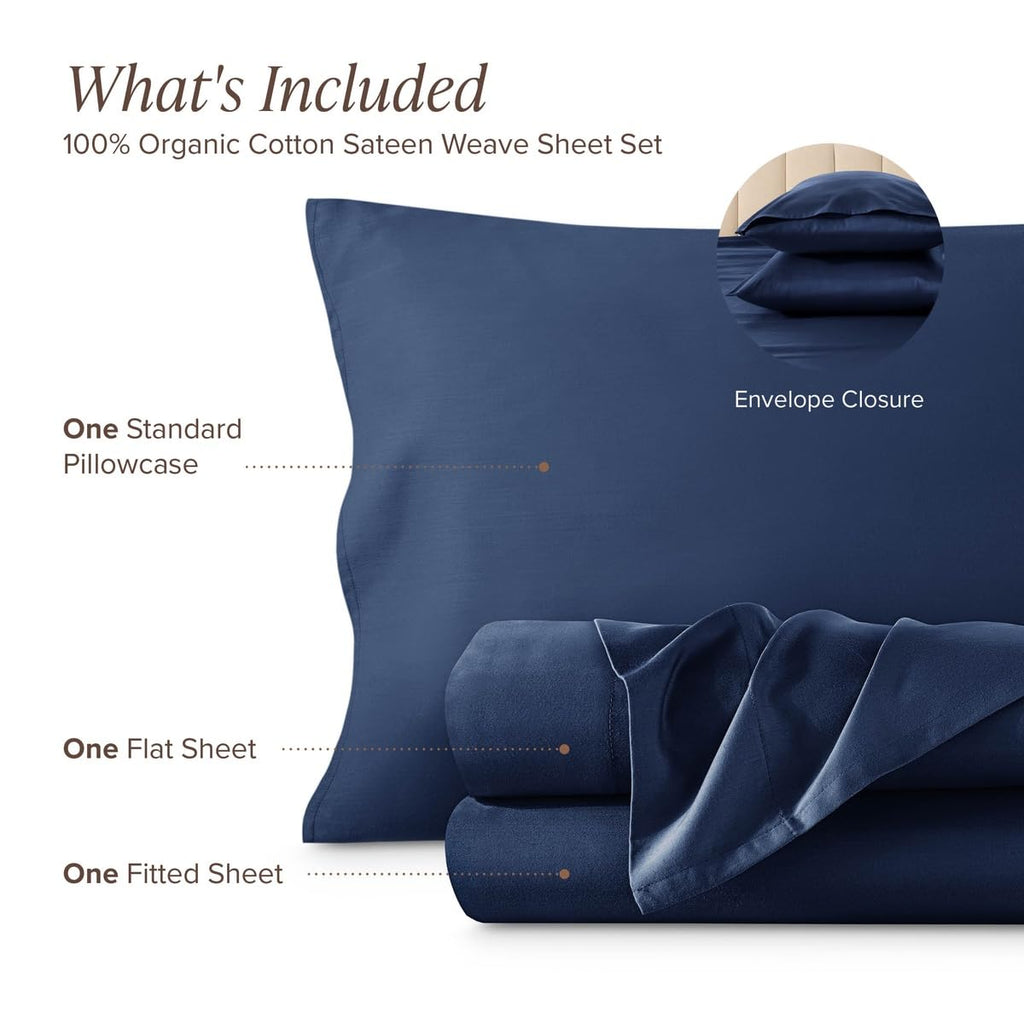 100% Organic Cotton Sateen Sheet Set (Twin XL, Dark Blue)