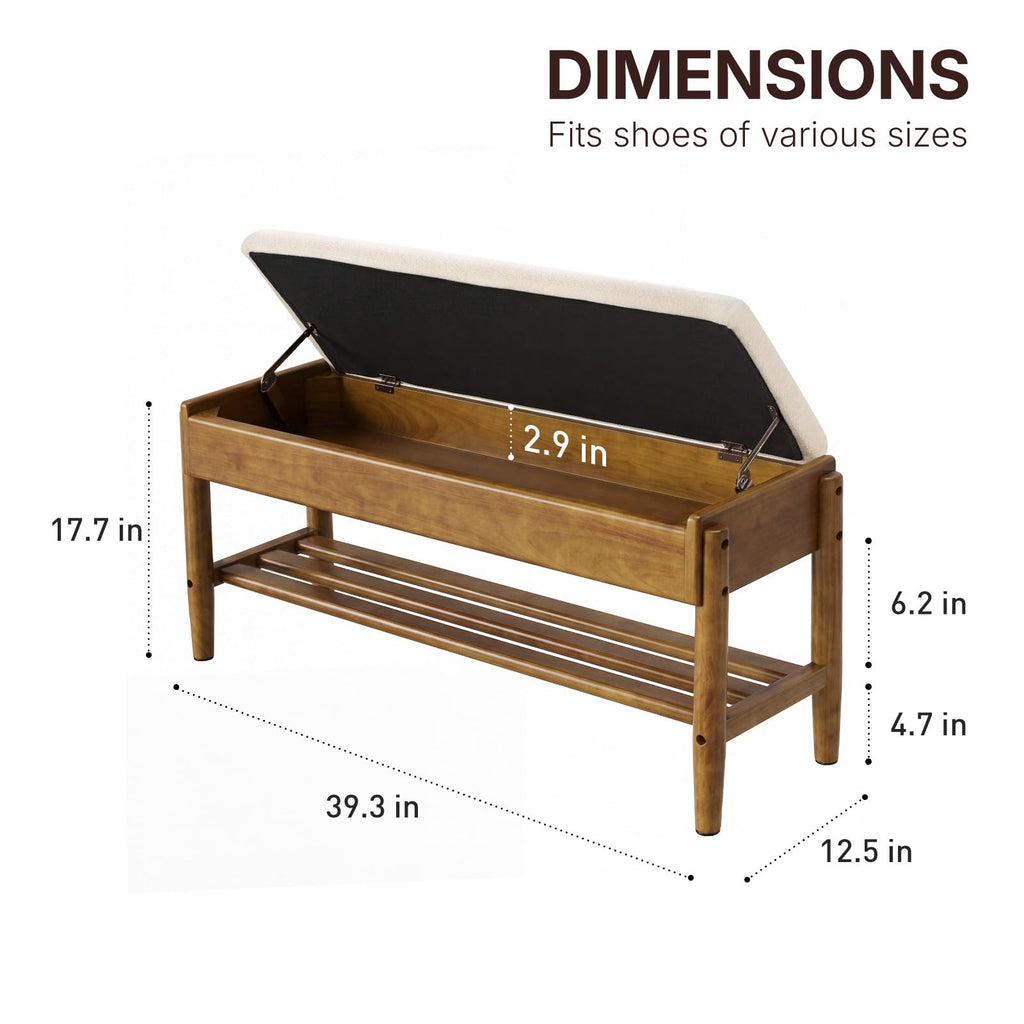 2 Tier Shoe Rack Bench with Flip-Top Storage, 39.3" Solid Wood Shoe Rack Bench with Chenille Cushion, Closet
