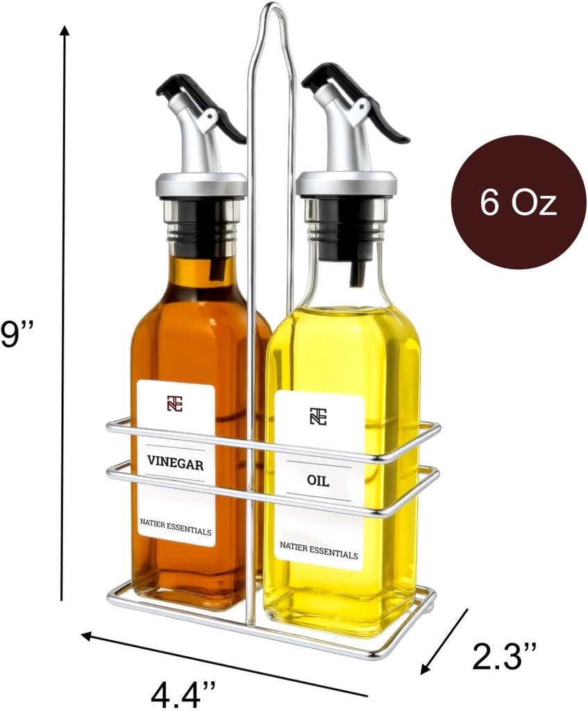 Oz Oil and Vinegar Bottle Cruet Set with Wire Caddy - 2 Pack Glass Dispenser Bottles (No-Drip Spout) - Set of 2