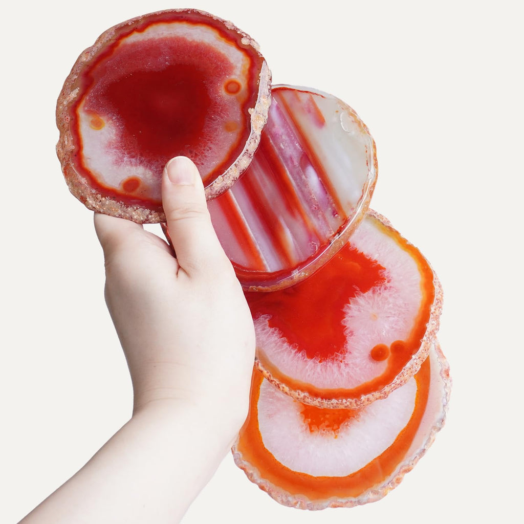 Natural Agate Coasters Set of 4 - Dyed Orange Red Irregular Circle Stone Drink Coasters with Rubber 3-4" Unique Home
