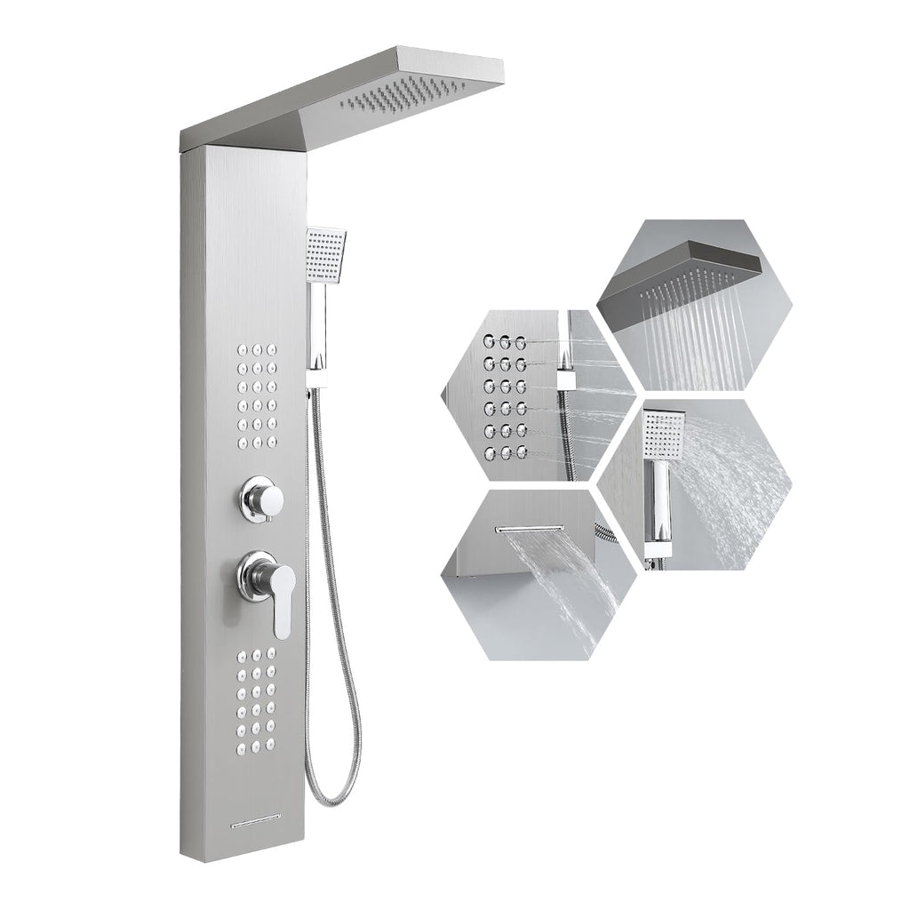4 in 1 Rainfall Shower Panel Tower with Powerful Body Jets, Brushed