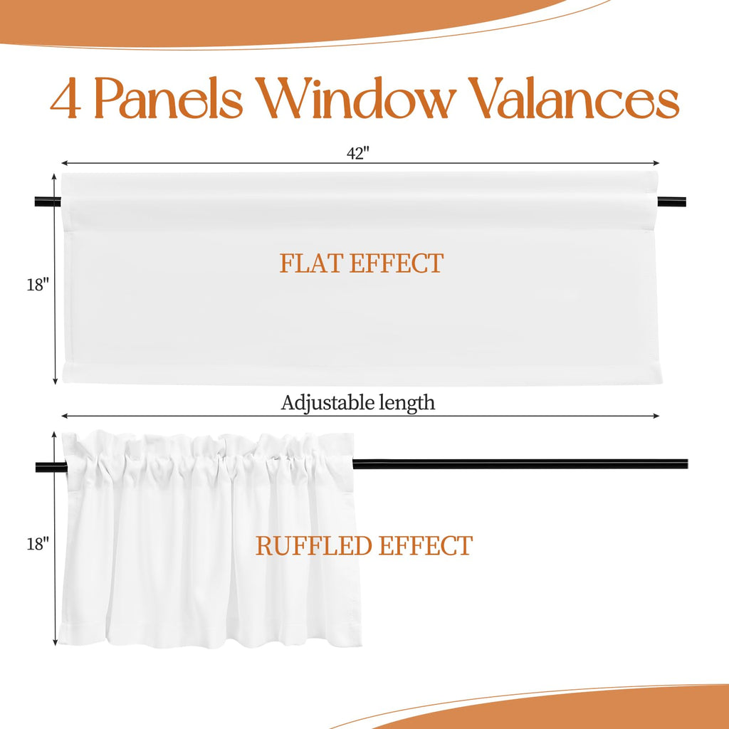 4 Panels White Blackout Curtain Valances, 42" x 18"