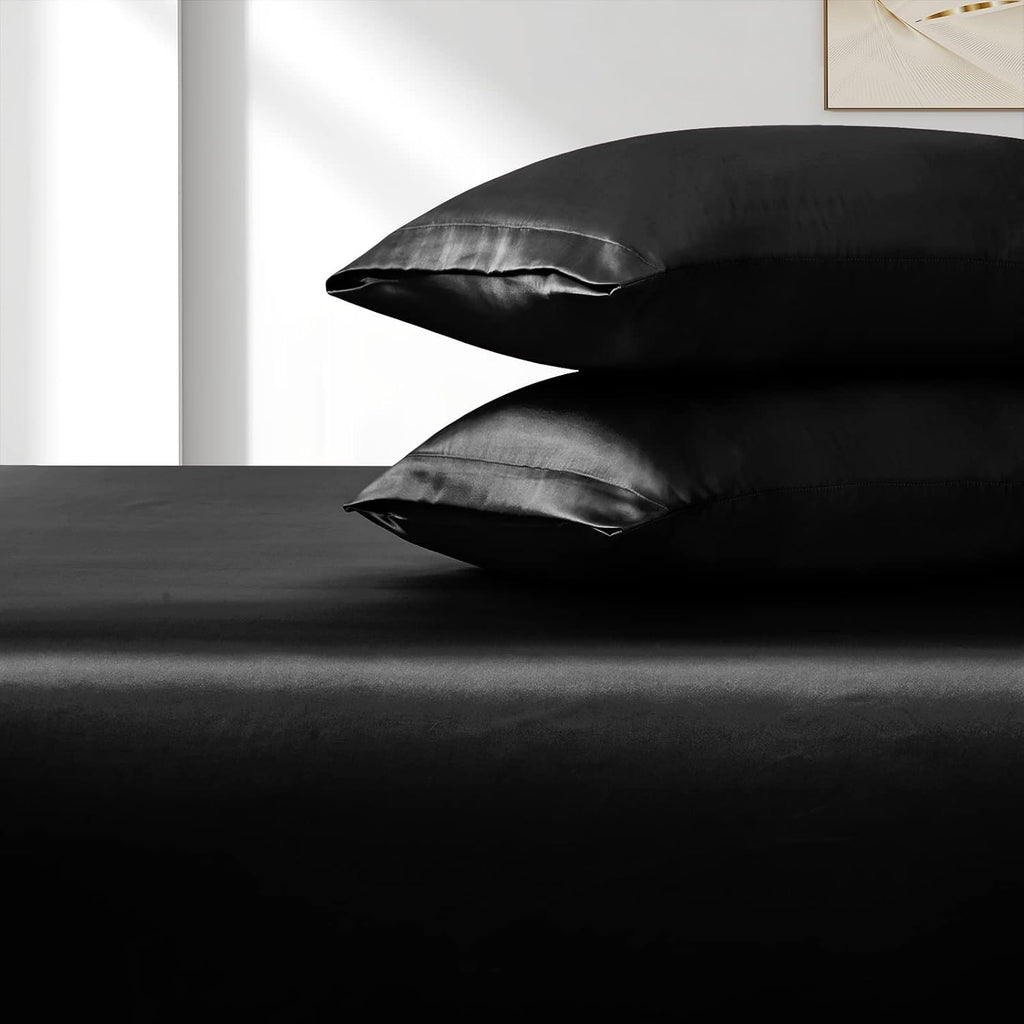 3pcs Extra Deep Pocket Satin Fitted Sheet Set King Bed Set, Black Bottom Sheet Fit 18-24 Inch Deep Pocket Mattress
