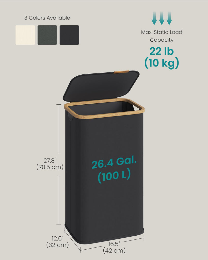 Laundry Hamper with Lid, 100L Laundry Basket, Bamboo Frame