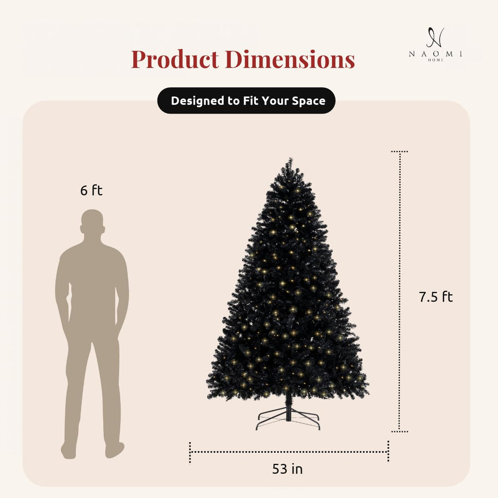 7.5 ft Black Pre-Lit Christmas Tree, 600 Warm Lights