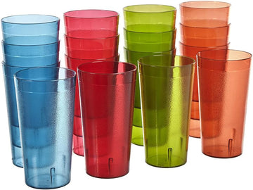 Cafe Plastic Reusable Tumblers (Set of 16) 20-ounce Water Cups Assorted Colors | Restaurant Style Drinking Glasses