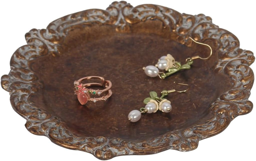 Vintage Tray Small Antique Trinket Dish, Round, Ring Holder with Twisted Flower Surrounding, Cosmetics Makeup Storage