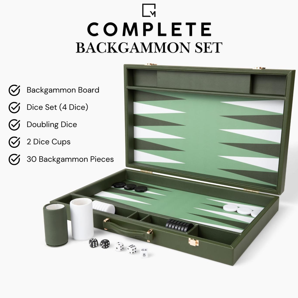 Premium Backgammon Set - 20 Inch Large Backgammon Game with Dice, Doubling Cube & Cups - Green & White Foldable