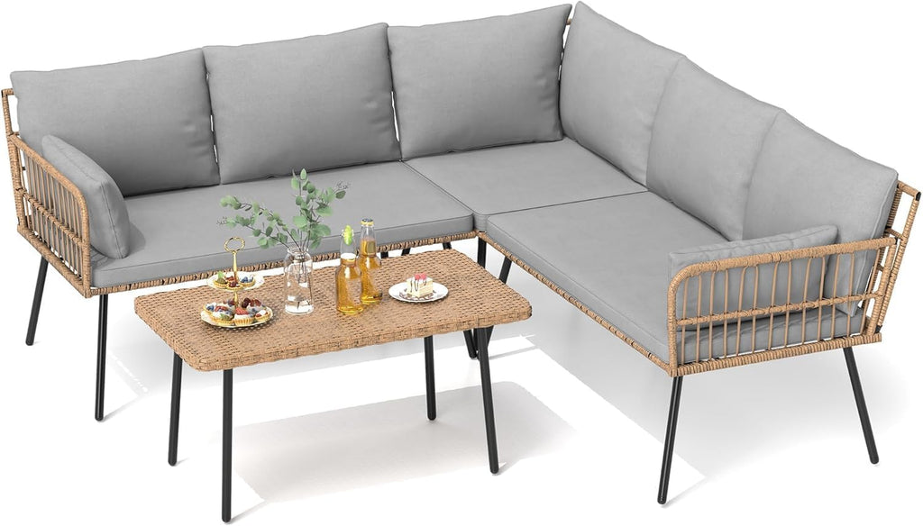 Patio Furniture Set, 4 Pieces Outdoor Patio Conversation Set, All-Weather PE Rattan Sectional L-Shaped Sofa with Soft