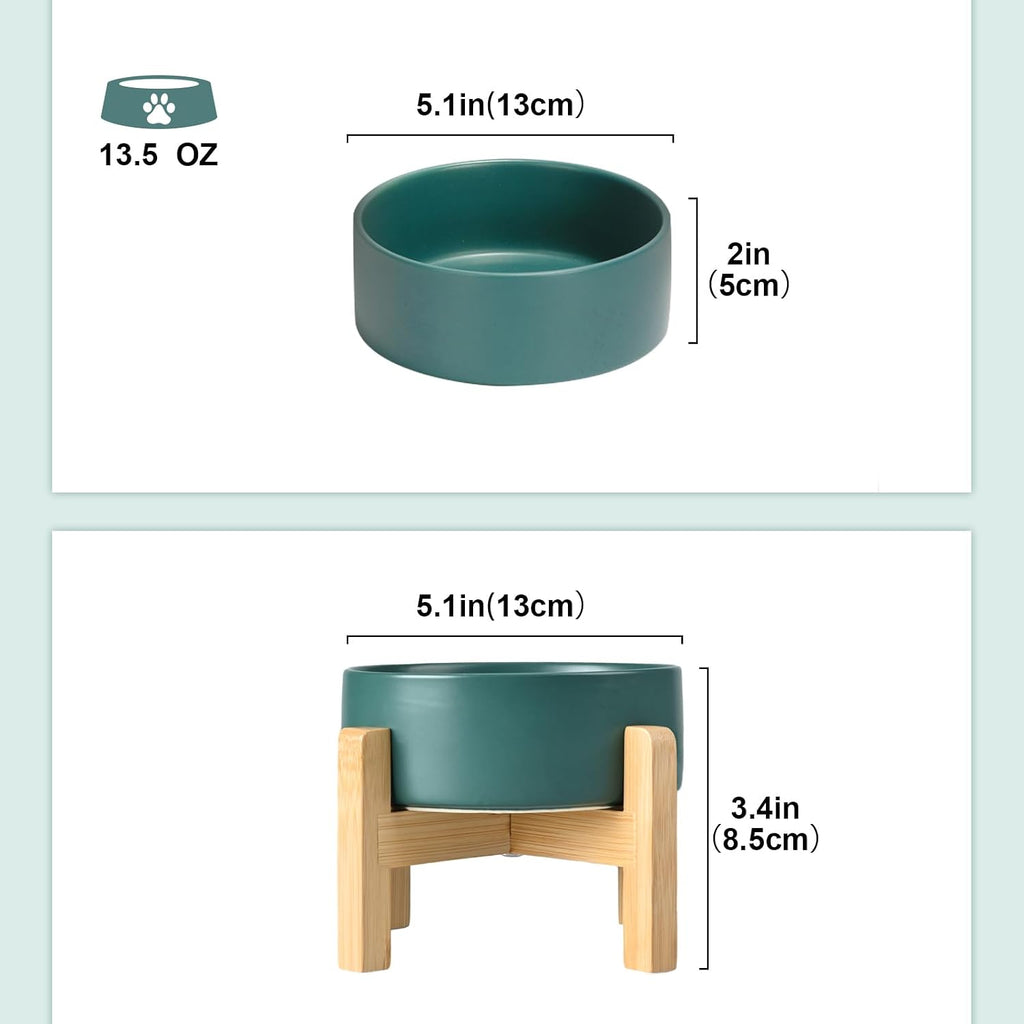 Ceramic Elevated Dog Bowls 2 Pack - 5.1inch Raised Dog Bowls with Non-Slip Wooden Stand for Small Dogs Dishwasher